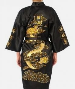 Apparel Satin Silk Golden Dragon Embroidery Long Kimono Gown