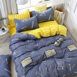 Home Decor School Themed Navy Blue Yellow Bedding Set Home & Pets