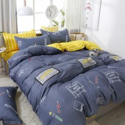 Home Decor School Themed Navy Blue Yellow Bedding Set Home & Pets