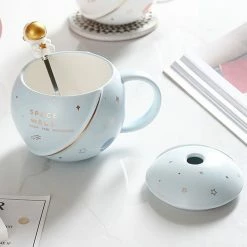Home Decor Space Astronaut Planet Ceramic Mug With Lid And Spoon