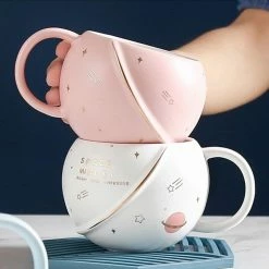 Home Decor Space Astronaut Planet Ceramic Mug With Lid And Spoon