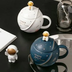 Home Decor Space Astronaut Planet Ceramic Mug With Lid And Spoon