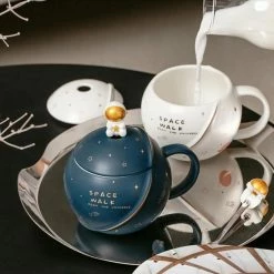 Home Decor Space Astronaut Planet Ceramic Mug With Lid And Spoon