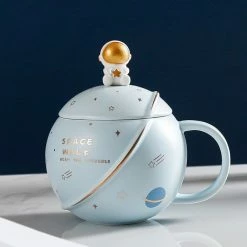 Home Decor Space Astronaut Planet Ceramic Mug With Lid And Spoon