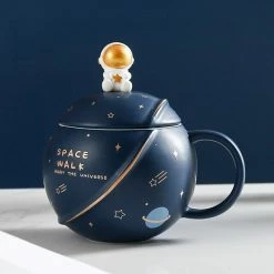 Home Decor Space Astronaut Planet Ceramic Mug With Lid And Spoon