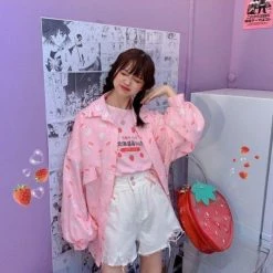 Apparel Strawberry Milk Print Button Up Long Sleeve Shirt