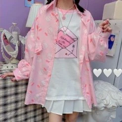 Apparel Strawberry Milk Print Button Up Long Sleeve Shirt