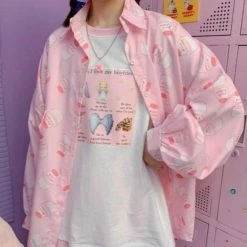 Apparel Strawberry Milk Print Button Up Long Sleeve Shirt