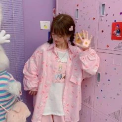 Apparel Strawberry Milk Print Button Up Long Sleeve Shirt