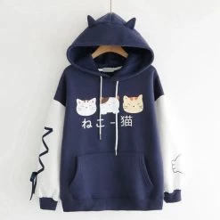 Apparel Three Kawaii Cats Long Sleeve Two-Tone Cotton Hoodie
