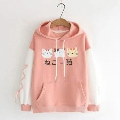 Apparel Three Kawaii Cats Long Sleeve Two-Tone Cotton Hoodie