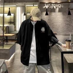 Apparel Gray Sad Flower Harauku Mens Half-Sleeve Button Part Cotton Shirt