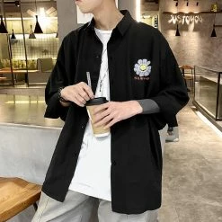 Apparel Gray Sad Flower Harauku Mens Half-Sleeve Button Part Cotton Shirt