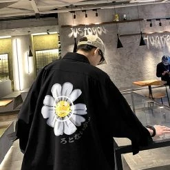 Apparel Gray Sad Flower Harauku Mens Half-Sleeve Button Part Cotton Shirt