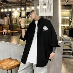 Apparel Gray Sad Flower Harauku Mens Half-Sleeve Button Part Cotton Shirt