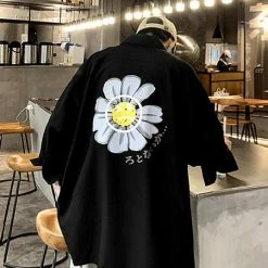 Apparel Gray Sad Flower Harauku Mens Half-Sleeve Button Part Cotton Shirt