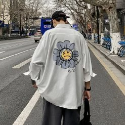 Apparel Gray Sad Flower Harauku Mens Half-Sleeve Button Part Cotton Shirt