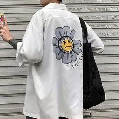 Apparel Gray Sad Flower Harauku Mens Half-Sleeve Button Part Cotton Shirt