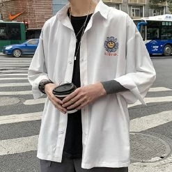 Apparel Gray Sad Flower Harauku Mens Half-Sleeve Button Part Cotton Shirt