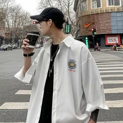 Apparel Gray Sad Flower Harauku Mens Half-Sleeve Button Part Cotton Shirt