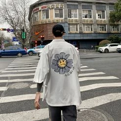 Apparel Gray Sad Flower Harauku Mens Half-Sleeve Button Part Cotton Shirt