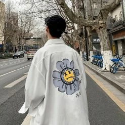 Apparel Gray Sad Flower Harauku Mens Half-Sleeve Button Part Cotton Shirt