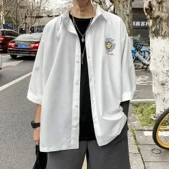 Apparel Gray Sad Flower Harauku Mens Half-Sleeve Button Part Cotton Shirt