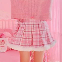 Apparel Kawaii Pleated Mini Pink Women Skirt With Lace, Fur, & Shorts