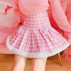 Apparel Kawaii Pleated Mini Pink Women Skirt With Lace, Fur, & Shorts