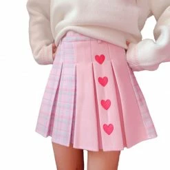 Apparel Pink Hearts Harajuku Plaid Women Schoolgirl Cosplay Mini Skirt
