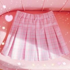 Apparel Pink Hearts Harajuku Plaid Women Schoolgirl Cosplay Mini Skirt