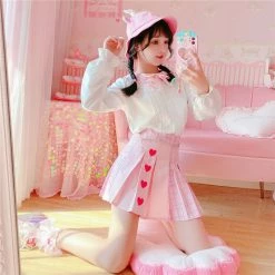 Apparel Pink Hearts Harajuku Plaid Women Schoolgirl Cosplay Mini Skirt