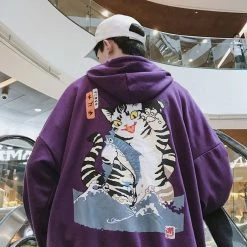 Apparel Japanese Striped Cat Waves Print Oversized Part-Cotton Hoodie