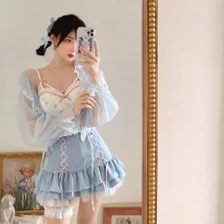 Apparel Blue Japanese Lace High-Waist Mini Women Skirt