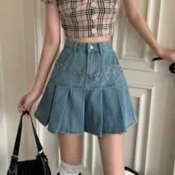 Apparel Denim Blue High-Waist Pleated Mini Skirt