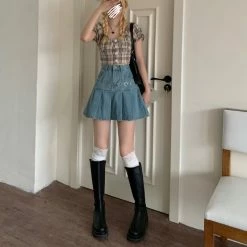 Apparel Denim Blue High-Waist Pleated Mini Skirt