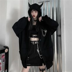 Apparel Gothic Devil Black Zip-Up Oversized Womens Hoodie