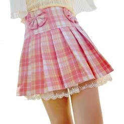 Apparel Pink Plaid Pleated Short Korean Fashion Skirt With Lace & Bow