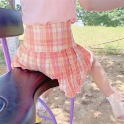 Apparel Pink Plaid Pleated Short Korean Fashion Skirt With Lace & Bow