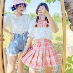 Apparel Pink Plaid Pleated Short Korean Fashion Skirt With Lace & Bow