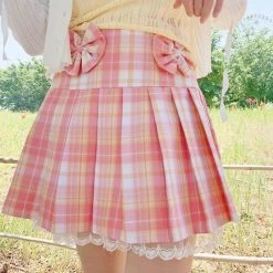 Apparel Pink Plaid Pleated Short Korean Fashion Skirt With Lace & Bow