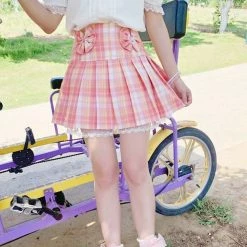Apparel Pink Plaid Pleated Short Korean Fashion Skirt With Lace & Bow