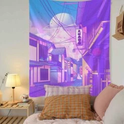 Home Decor Wall Decal Japanese Streets Anime Comic Purple Blue Calm Lofi Vibe Tapestry