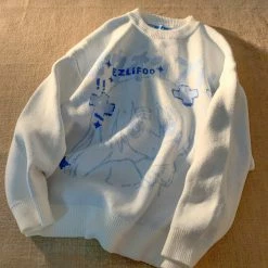 Apparel Anime Outline Girl Face Oversized Knitted Long Sleeve Cardigan Streetwear | NEW