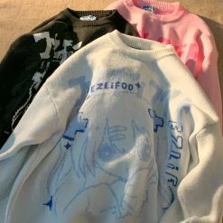 Apparel Anime Outline Girl Face Oversized Knitted Long Sleeve Cardigan Streetwear | NEW