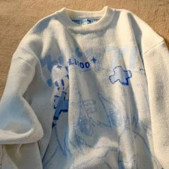 Apparel Anime Outline Girl Face Oversized Knitted Long Sleeve Cardigan Streetwear | NEW