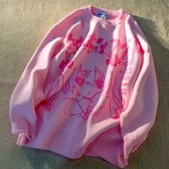 Apparel Anime Outline Girl Face Oversized Knitted Long Sleeve Cardigan Streetwear | NEW