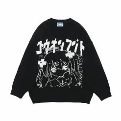Apparel Anime Outline Girl Face Oversized Knitted Long Sleeve Cardigan Streetwear | NEW