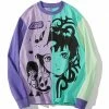 Apparel Violet Green Anime Girl Print Oversized Casual Harajuku Two-tone Streetwear | NEW