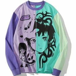 Apparel Violet Green Anime Girl Print Oversized Casual Harajuku Two-tone Streetwear | NEW